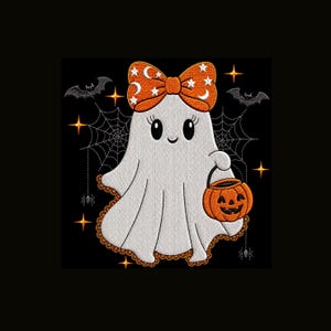 May include: An embroidered design on a black background featuring a white ghost with a smiling face, wearing an orange bow with white stars and moons. The ghost holds an orange jack-o'-lantern bucket, surrounded by spiderwebs, bats, and stars.