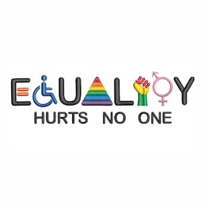 Puede incluir: Un diseño bordado con la palabra «IGUALDAD» y la frase «NO DAÑA A NADIE». La palabra «IGUALDAD» está representada por símbolos que incluyen una silla de ruedas, un triángulo arcoíris, un puño en alto y un símbolo de género.
