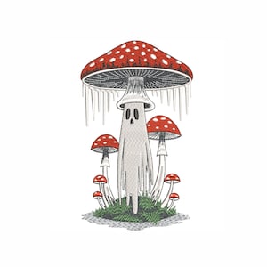 May include: An embroidered design featuring a ghost character standing among red and white spotted mushrooms. The ghost has a simple, minimalist design, and the mushrooms are set against a backdrop of green grass.