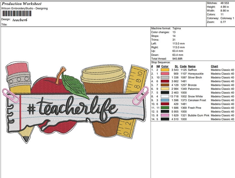 May include: An embroidery design featuring a red apple, a coffee cup, a pencil, and a ruler with the text "#teacherlife" on a piece of notebook paper. The design is perfect for teachers and educators.