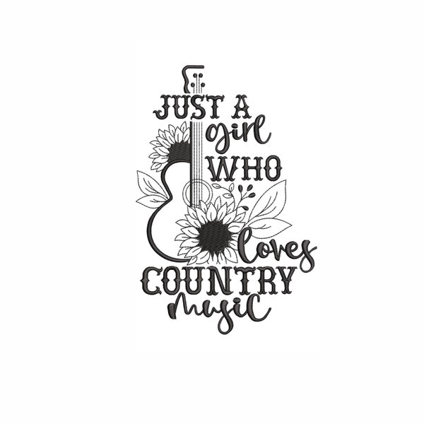 Just A Girl Who Loves Country Music machine embroidery design, Guitar Music, 5 sizes.