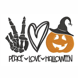 Motif de broderie Peace, Love, Halloween, broderie citrouille, 5 tailles, téléchargement immédiat.