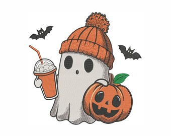 Ghost Pumpkin Coffee Embroidery Design, Fall Halloween (Instant Download)