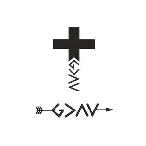 May include: Black and white graphic design featuring a cross with the word "God" written in a stylized font with arrows pointing to the left and right.
