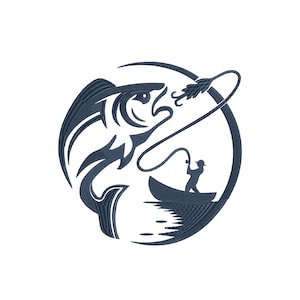 Puede incluir: Una silueta en blanco y negro de un pez saltando fuera del agua con una línea de pesca y un anzuelo. Un pescador en un bote se muestra en el fondo.