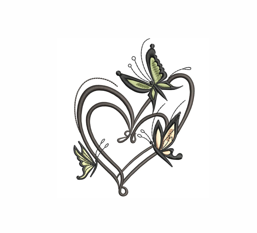Heart & Butterflies Embroidery Design: Elegant Machine Pattern (4 Sizes ...