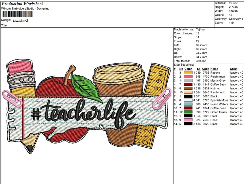 May include: Embroidered design of a red apple, a pencil, a coffee cup, and a ruler with the text "#teacherlife" on a blue and white striped background. The design is perfect for teachers and educators.