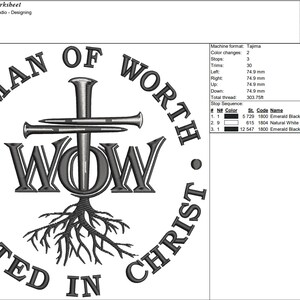 May include: A black and white embroidery design of a cross with nails, with the word "WOW" in the center. The cross is surrounded by the words "Woman of Worth Rooted in Christ".