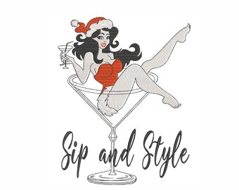 Santa in Martini Glass Embroidery Design, Sip and Style (6 Sizes)