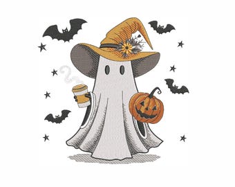 Ghost with coffee and pumpkin embroidery design, Halloween Embroidery, 7 sizes, instant download.
