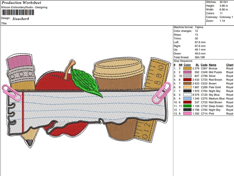 May include: An embroidery design featuring a red apple, two coffee cups, a pencil, and a ruler. The design is on a white background with blue lines. The design is titled "teacher4".