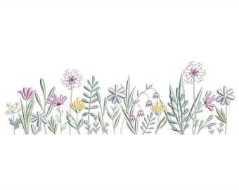 May include: Embroidered design of a row of colorful flowers and greenery. The flowers are in shades of pink, purple, and yellow. The greenery is in shades of green.