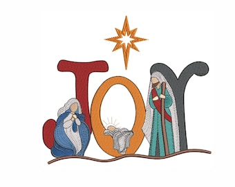 May include: A Christmas-themed embroidery design featuring the word "JOY" with a star above and a nativity scene inside the letter "O".
