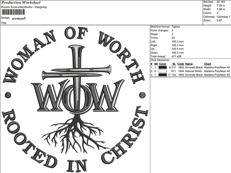 May include: Black and white embroidery design of a cross with nails, with the text "WOMAN OF WORTH ROOTED IN CHRIST" around the outside. The cross has the word "WOW" in the center.