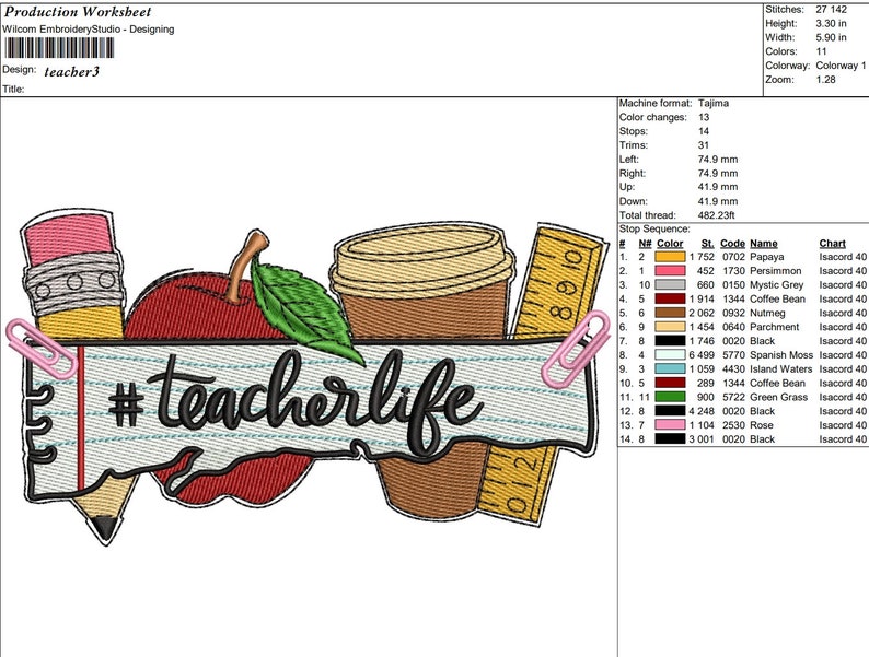 May include: Embroidered design of a red apple, a pencil, a coffee cup, a ruler, and a banner with the text "#teacherlife". The design is in a school theme with a lined paper background.