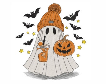 Ghost with coffee and pumpkin embroidery design, Halloween Embroidery, 5 sizes, instant download.