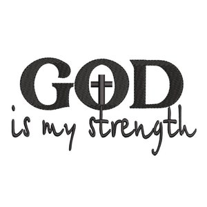 Può includere: Grafica in bianco e nero con il testo "GOD is my strength" con una croce al centro della parola "GOD".