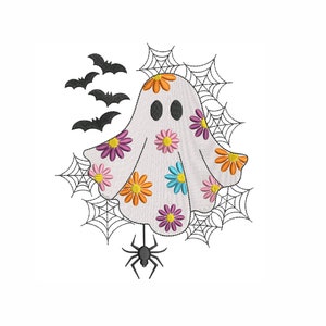 Ghost with flower  embroidery design, Halloween Embroidery, 4 sizes, instant download.