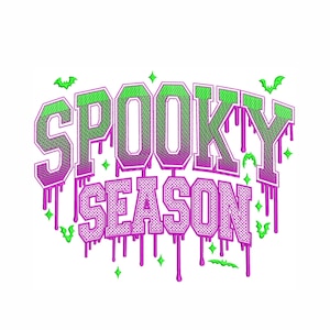 May include: A graphic design with the words "SPOOKY SEASON" in a purple and green color scheme. The text has a dripping effect, with bats and stars scattered around the words. The design is on a white background.
