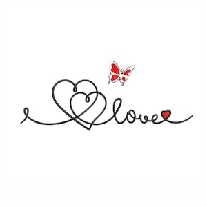 May include: A black and white illustration of two intertwined hearts with the word "love" written in cursive. A red butterfly is above the hearts.