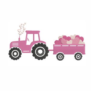 May include: A pink toy tractor pulling a wagon filled with pink and white hearts. The tractor has black wheels and a black exhaust pipe with small white hearts coming out of it.