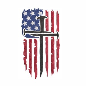 May include: A distressed American flag with a black cross made of nails in the centre. The flag is red, white, and blue.