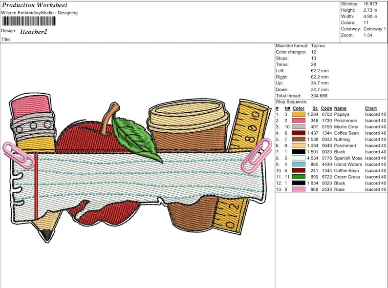 May include: An embroidery design featuring a red apple, a pencil, a coffee cup, and a ruler. The design is on a sheet of lined paper with a paperclip attached to the top. The design is titled "Iteacher2".