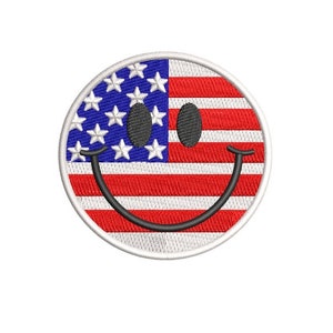 May include: A red, white, and blue American flag in the shape of a smiley face.