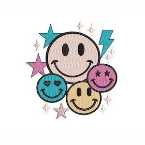 Retro Groovy Smile Face Embroidery design, vintage smile face machine embroidery design,  4 sizes, instant download.