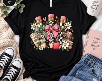 Retro Teacher Shirt Coquette Bow Pencil Tee Back to School Graphic Shirt Cute Teacher Appreciation Gift Coquette Leopard Pencil Top