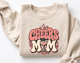 Cheers Mom Sweatshirt, Gildan 18000 Funny Mom Crewneck, Retro Cocktail Drinking Sweater, Mom Life Wine Party Gift, Cozy Fall Sweatshirt