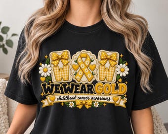 We Wear Gold Shirt, Comfort Colors 1717 Childhood Cancer Awareness Tee, Faux Patchwork Gold Ribbon Apparel, Gold Vibes Support Squad Shirt