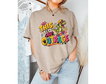 This Is An Outrage Shirt, Retro Dinosaur Skateboard Comfort Colors 1717 Tee, Funny T-Rex Graphic Top, Cool Streetwear Dino Gift