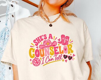 Retro Shes A Counselor I Can Tell Shirt Pink Cowgirl School Counselor Tee Disco Ball Western Counselor Top Cute Mental Health Gift