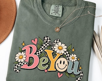 Be You Shirt, Comfort Colors 1717 Inspirational Women's Tee, Retro Checkered Bow Smiley T-Shirt, Encouragement Mental Health Best Friend Gif