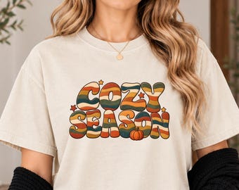 Cozy Season Shirt, Comfort Colors 1717 Retro Fall Waves Tee, Floral Autumn Pumpkin T-Shirt, Thanksgiving Outfit, Cute Fall Lover Gift