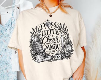 A Little Chaos Keeps The Magic Alive Shirt, Comfort Colors 1717 Witchy Aesthetic Tee, Celestial Magic Graphic Shirt, Cute Goth Cat Outfit
