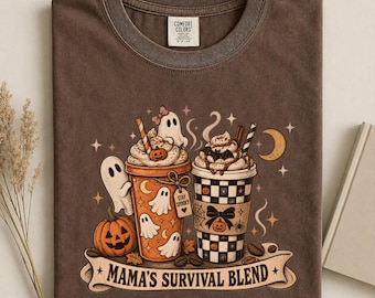 Retro Mamas Survival Blend Halloween Shirt Cute Spooky Mama Coffee Tee Spooky Season Shirt Coquette Ghost Pumpkin Spice Latte Top