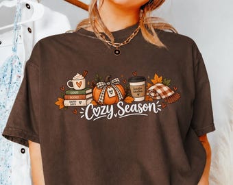 Cozy Season Shirt, Comfort Colors 1717 Pumpkin Spice Coffee Tee, Fall Autumn Graphic Shirt, Sweater Weather Book Lover Gift Tee