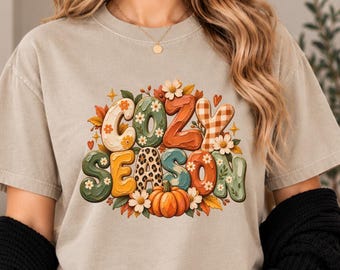 Cozy Season Shirt, Comfort Colors 1717 Textured Floral Fall Tee, Leopard Pumpkin Autumn T-Shirt, Thanksgiving Outfit, Cute Fall Lover Gift