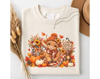 Highland Cow Fall Shirt, Cute Cow Pumpkin Tee, Cozy Autumn Graphic Tee, Pumpkin Patch Shirt, Rustic Farmhouse Thanksgiving T Shirt