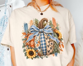 Comfort Colors Patchwork Pumpkin Shirt, Floral Plaid Polka Dot Pumpkin Bow T-Shirt, Preppy Sunflower Autumn Tee, Thanksgiving Cozy Outfit