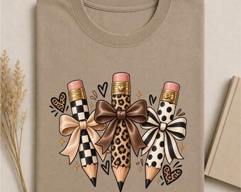 Leopard Bow Pencils T-Shirt, Comfort Colors 1717 Teacher Graphic Tee, Trendy Back To School Shirt, Cute Coquette School Supplies Shirt