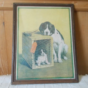 ANTIQUE~Framed~Dog and Her Puppy~Print~Original~1925~Lithograph~Adorable~&quot;Last of The Litter&quot;~14&quot; x 11&quot;~Dog Lover Gift