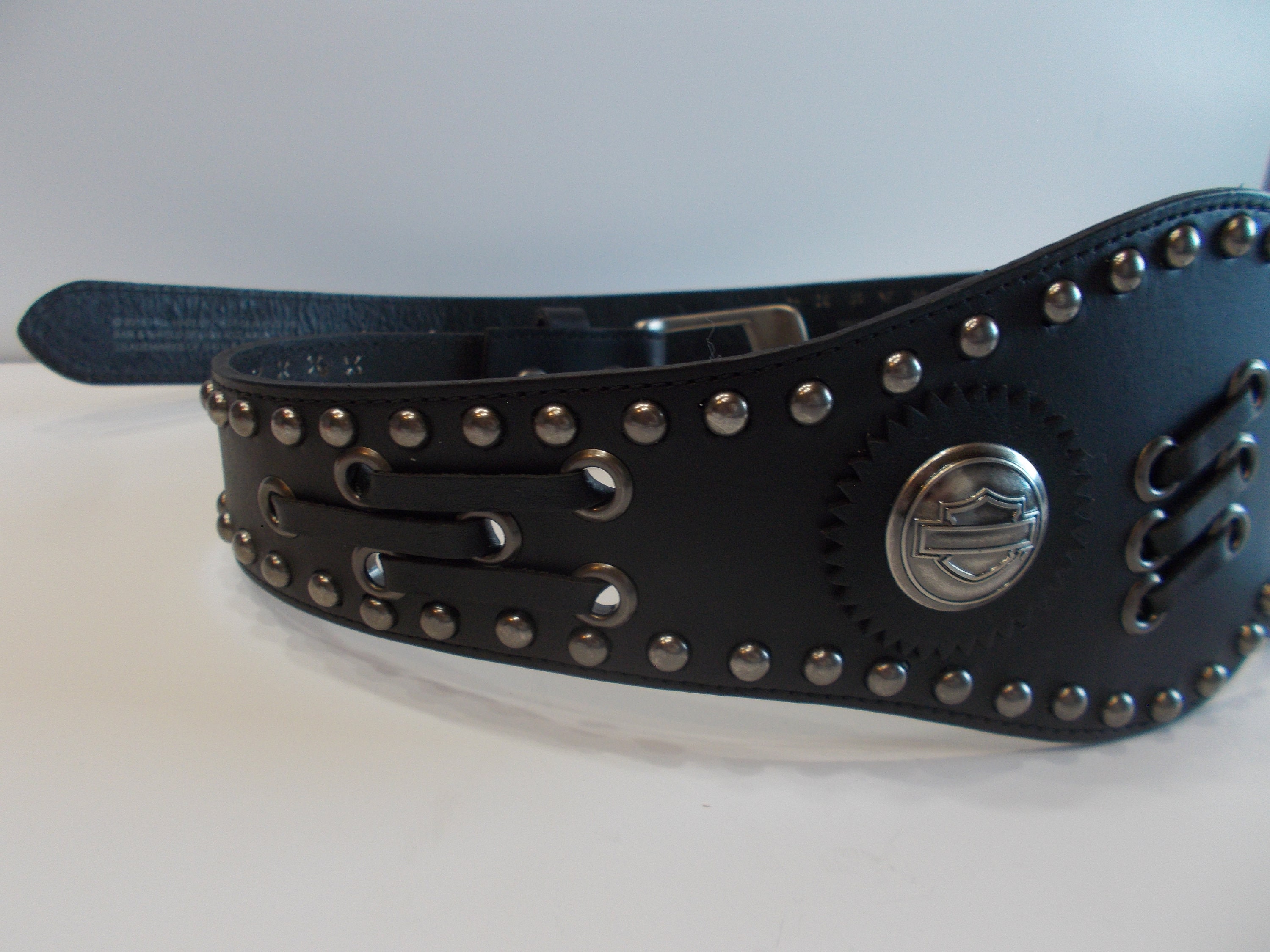 Vintage Leather Black Silvertone Studs Unique Brass Coins Buckle Edgy Belt 34” Vintage Cole Haan Leather Black Brass Buckle Silver-toned 34  main image 3