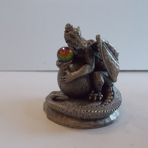 Large~Fantasy~Pewter~Dragon~Figurine~90s~WAPW~England~Collectable~Magic~Dragon~Original~Box~Crystal Ball~2 3/8&quot;Tall~Weighs~1lb 6oz.~Signed