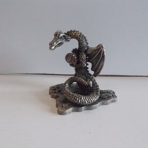 Large~Fantasy~Pewter~Dragon~Figurine~90s~WAPW~England~Collectable~Magic~Dragon~Original~Box~Crystal Ball~3&quot;Tall~Weighs~13+oz.~Signed