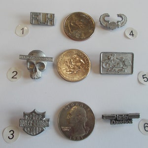 Puede incluir: Seis pines de Harley Davidson plateados, incluyendo una calavera, una motocicleta y un logotipo. Los pines están dispuestos en dos filas sobre una superficie blanca.