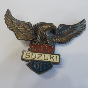 Vintage~Suzuki~Motorcycle~Belt Buckle~Suzuki~Biker~Accessory~Jewelry~Brass~Eagle~70&#39;s~Red~White~Blue~Buckle~Collectable~Very Nice