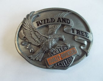 Biker~Belt Buckle~Biker~Accessory~Motorcycle Belt Buckle~Jewelry~Pewter~1992~Siskiyou~"Wild And Free"~Collectable~USA